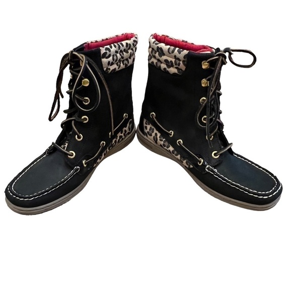 Sperry Top-Sider Duck Boots Womens 7.5 Black Leopard Lined Lace Up - Picture 3 of 16